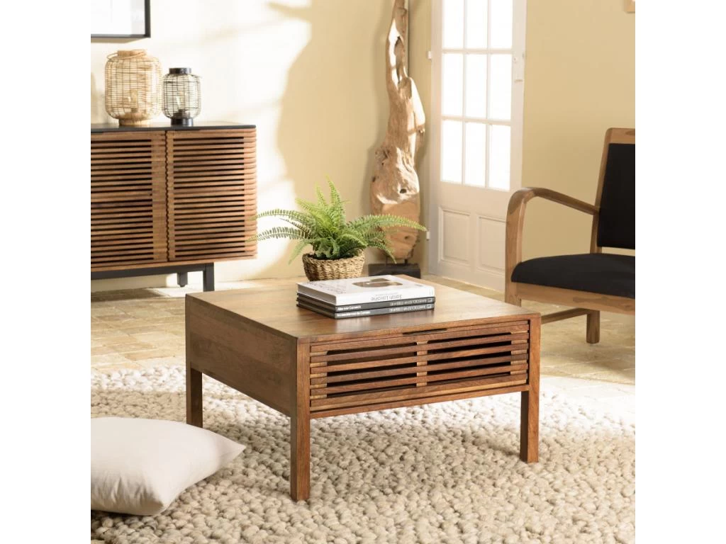 ALIX - Table Basse Carrée 70x70cm En Bois De Manguier 2 Tiroirs Ajourés