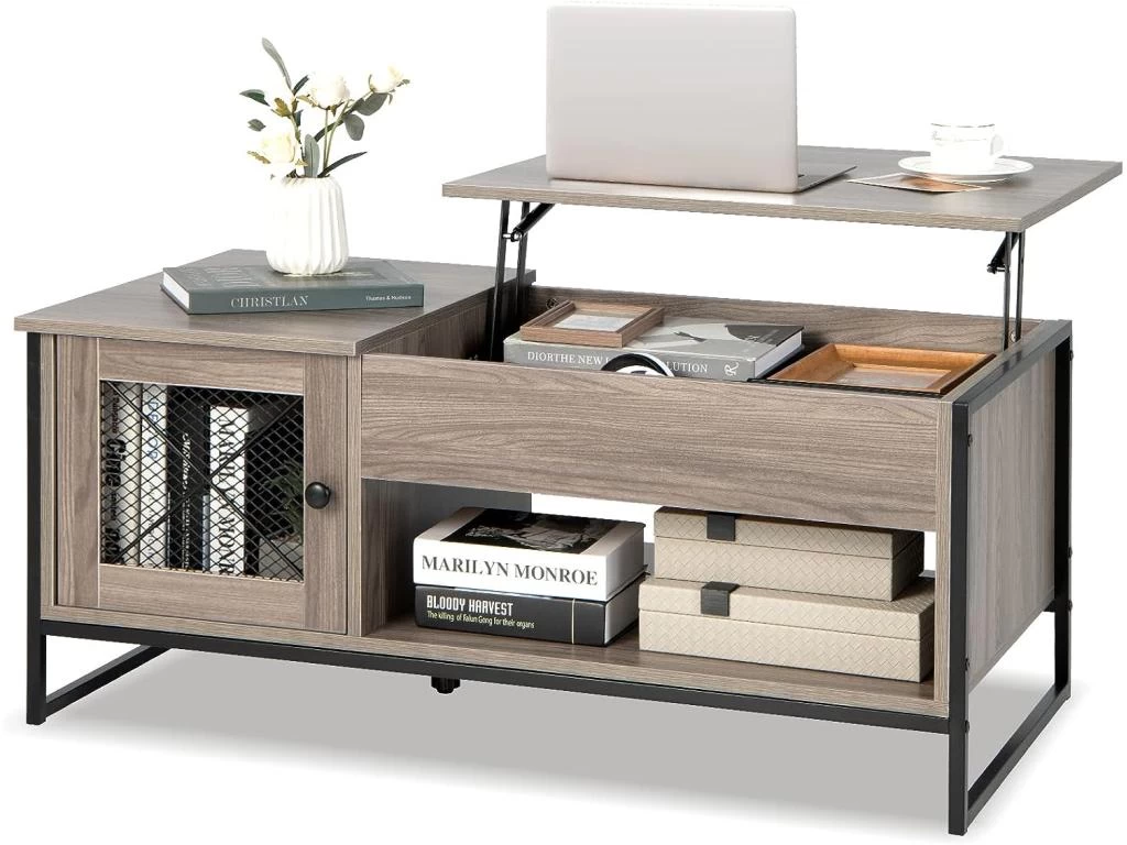 Table Basse Relevable Avec 1 Compartiment Ouvert Et Placard à 2 Portes,104x52,5x44,5cm