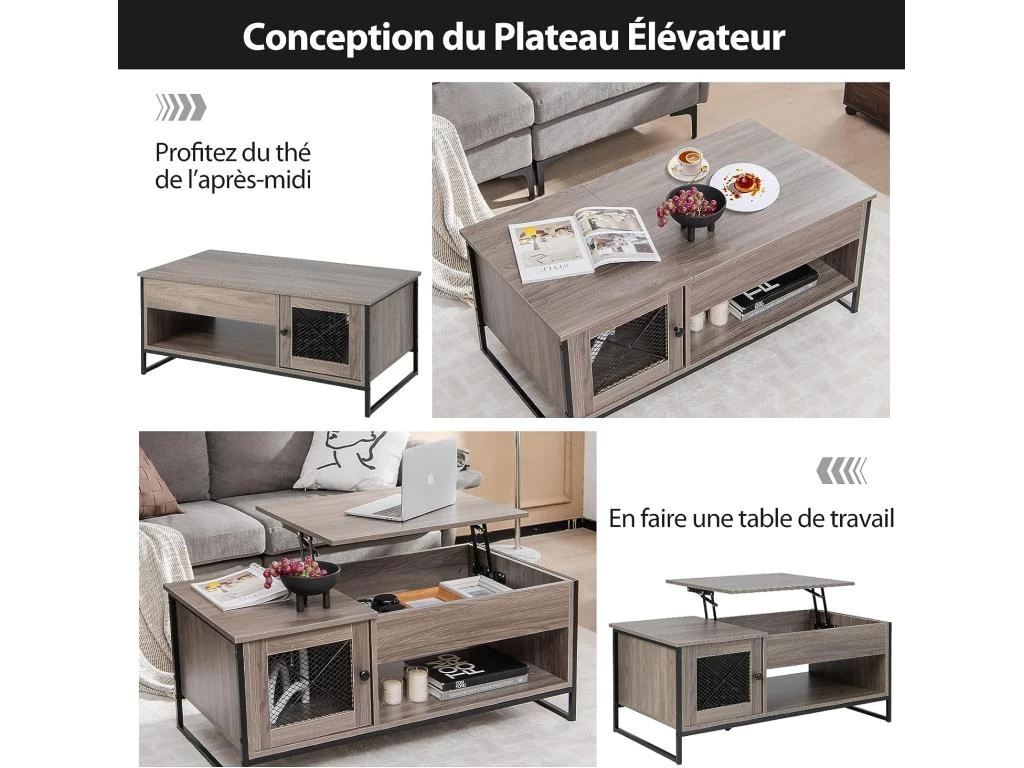 Table Basse Relevable Avec 1 Compartiment Ouvert Et Placard à 2 Portes,104x52,5x44,5cm – Image 2
