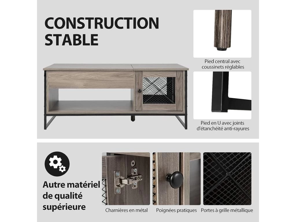 Table Basse Relevable Avec 1 Compartiment Ouvert Et Placard à 2 Portes,104x52,5x44,5cm – Image 4