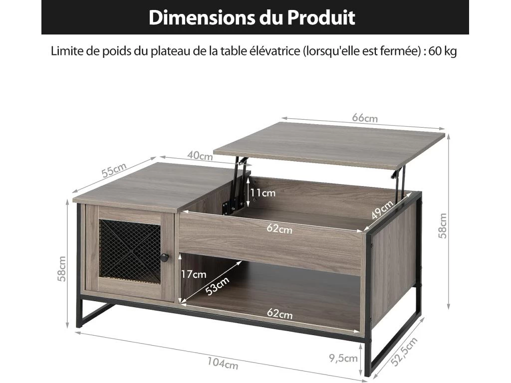 Table Basse Relevable Avec 1 Compartiment Ouvert Et Placard à 2 Portes,104x52,5x44,5cm – Image 5