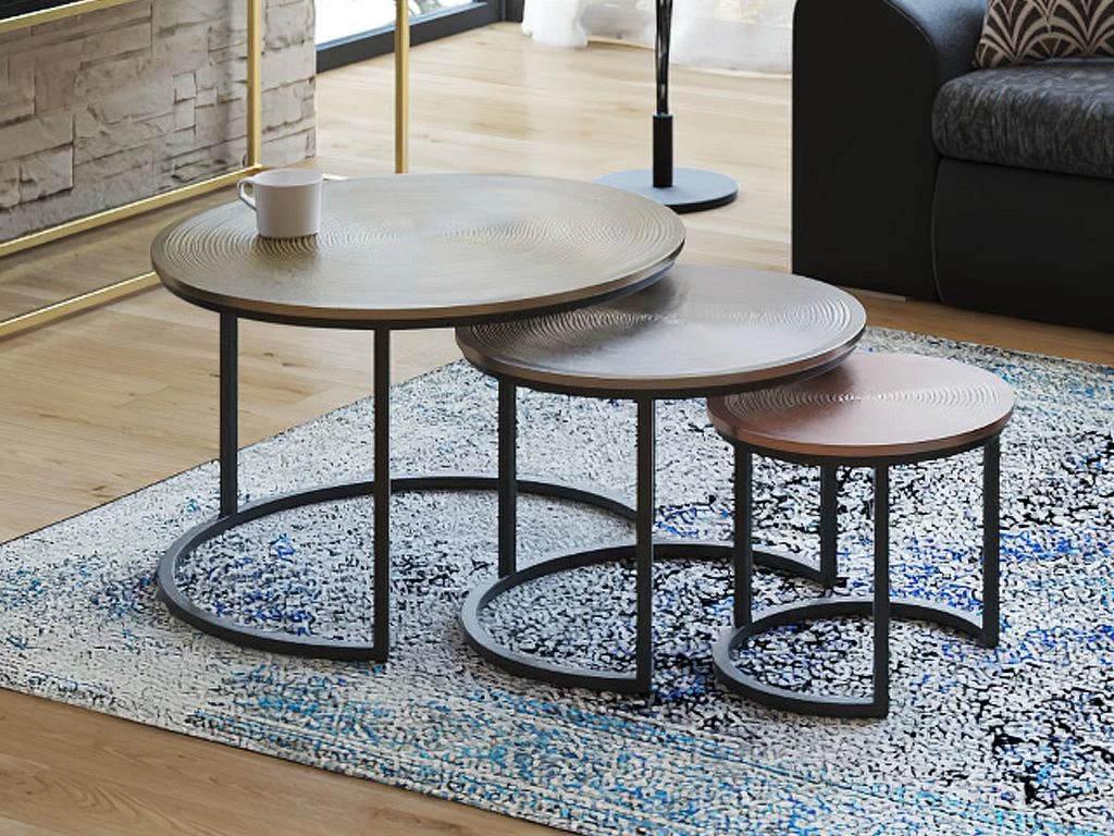 Tables Basses Gigognes CANDEUR - Motifs Sculptés - Acier - Coloris : Doré, Argent, Cuivre – Image 2