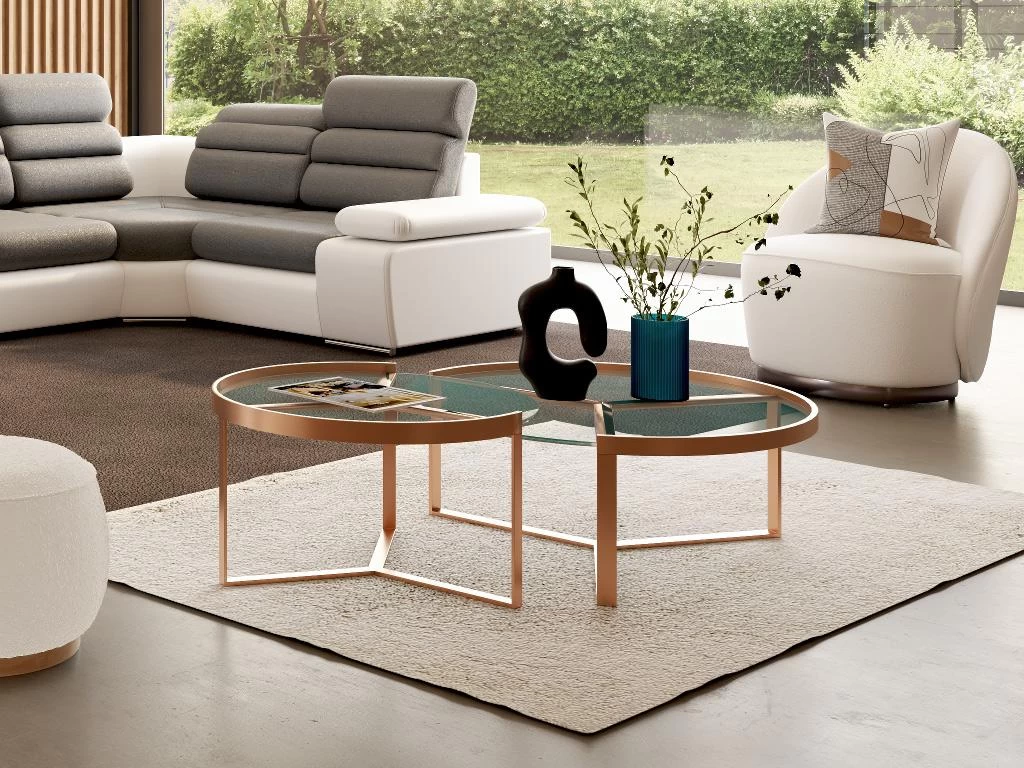 Tables Basses Gigognes En Verre Trempé Et Acier Inoxydable - Transparent Et Cuivré - BASERI