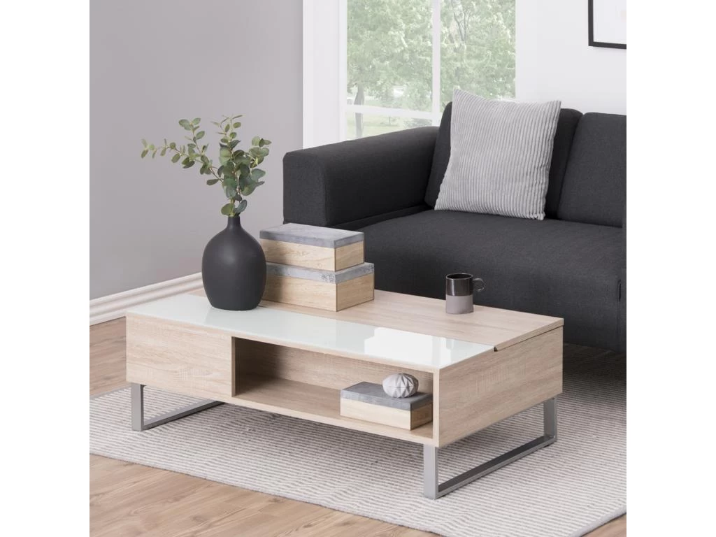 Table Basse - 110x60 Cm - Relevable Avec élément En Verre Trempé - Chêne Sonoma - KOSTRENA