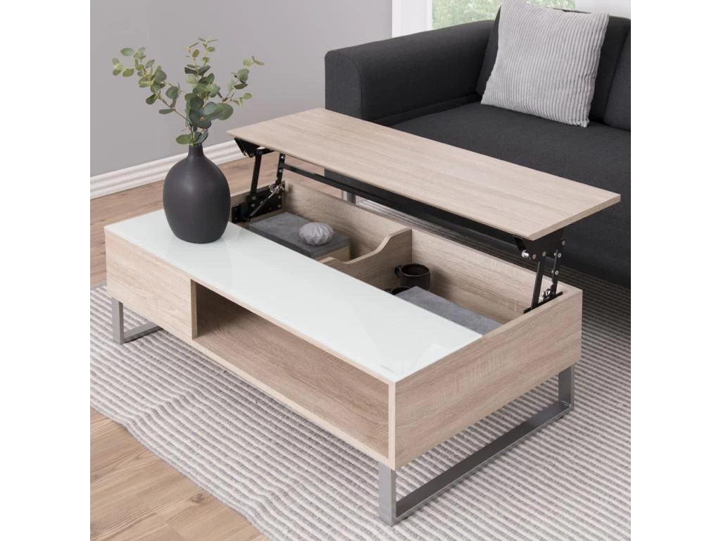 Table Basse - 110x60 Cm - Relevable Avec élément En Verre Trempé - Chêne Sonoma - KOSTRENA – Image 2