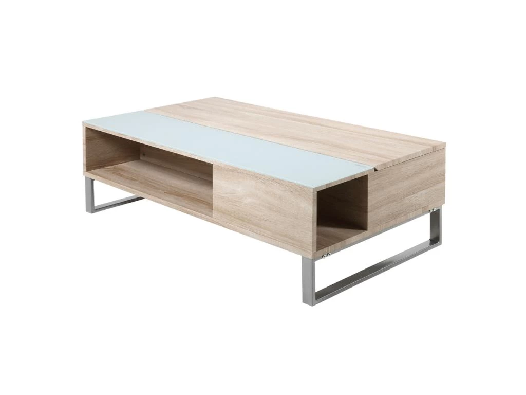 Table Basse - 110x60 Cm - Relevable Avec élément En Verre Trempé - Chêne Sonoma - KOSTRENA – Image 5