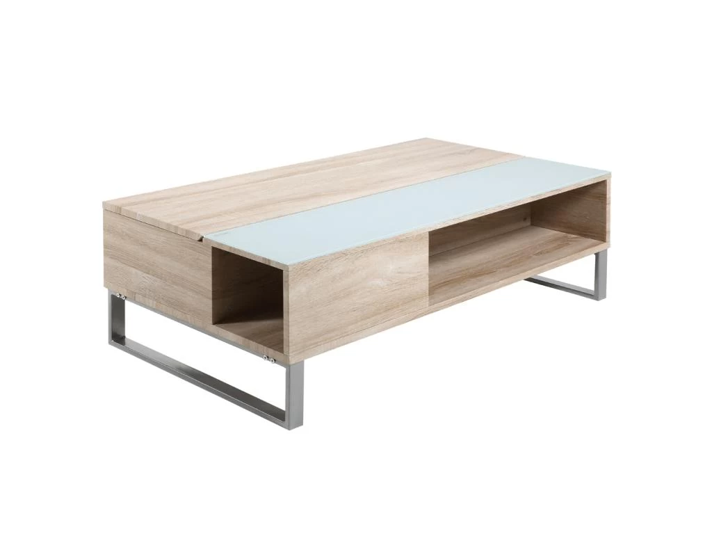 Table Basse - 110x60 Cm - Relevable Avec élément En Verre Trempé - Chêne Sonoma - KOSTRENA – Image 6