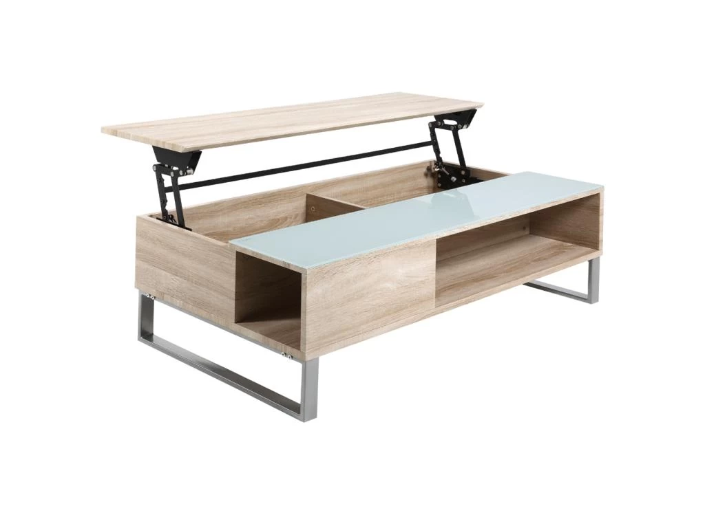 Table Basse - 110x60 Cm - Relevable Avec élément En Verre Trempé - Chêne Sonoma - KOSTRENA – Image 7