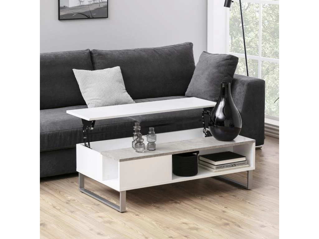 Table Basse - 110x60 Cm - Relevable - Blanc / Béton - KOSTRENA – Image 2