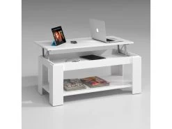Table Basse Relevable Blanche Double Plateau - RUINUI - L 102 X L 50 X H 43/54 Cm