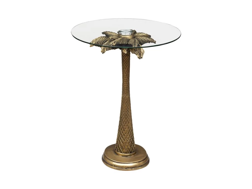 Table à Café En Verre Trempé Et Résine Doré Aspect Vieilli D 40 X H 51 Cm