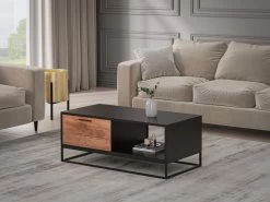 Table Basse Avec 1 Tiroir Et 1 Niche En Bois D'acacia Et Métal - Naturel Foncé Et Noir - ALYONA