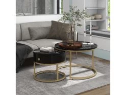 Table Basse Gigogne Avec Tiroir - Motif Marbre - Aspect Brillant - Noir