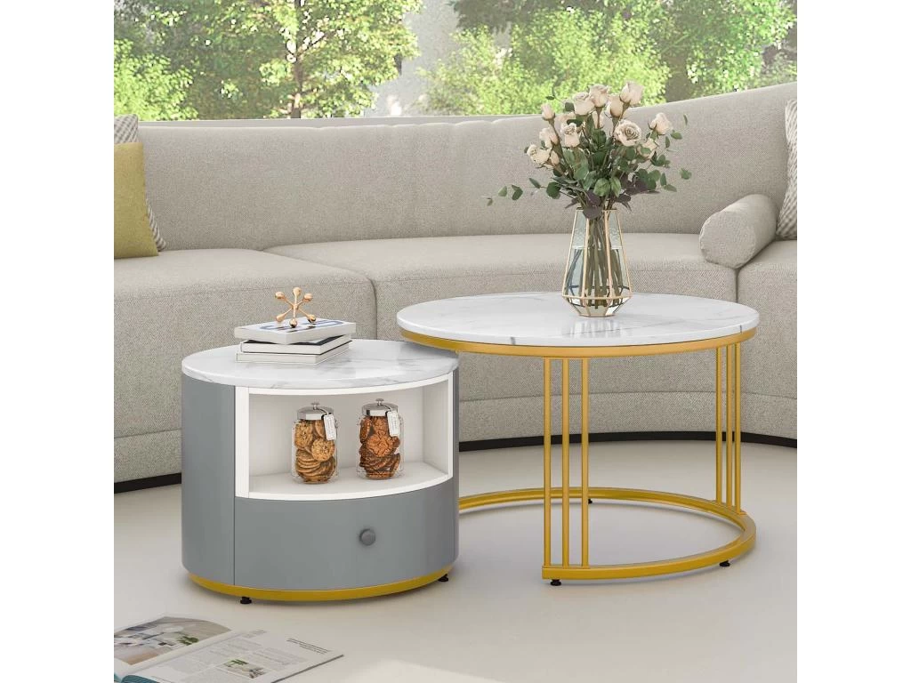 Lot De 2 Tables Gigognes Avec 1 Tiroir - Cadre En Métal Doré - Motif Marbre - Blanc & Gris