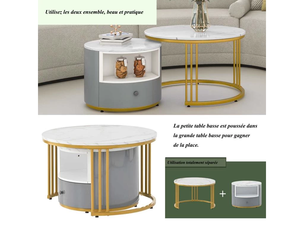 Lot De 2 Tables Gigognes Avec 1 Tiroir - Cadre En Métal Doré - Motif Marbre - Blanc & Gris – Image 4