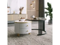 Lot De 2 Tables Basses Gigognes Avec 2 Tiroirs - Plateaux En Effet Marbre Et En Verre Trempé - Noir & Blanc