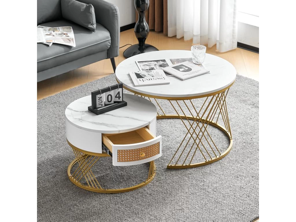 Lot De 2 Tables Gigognes - Texture Marbre - Tiroirs En Rotin - Cadre Doré - Blanc