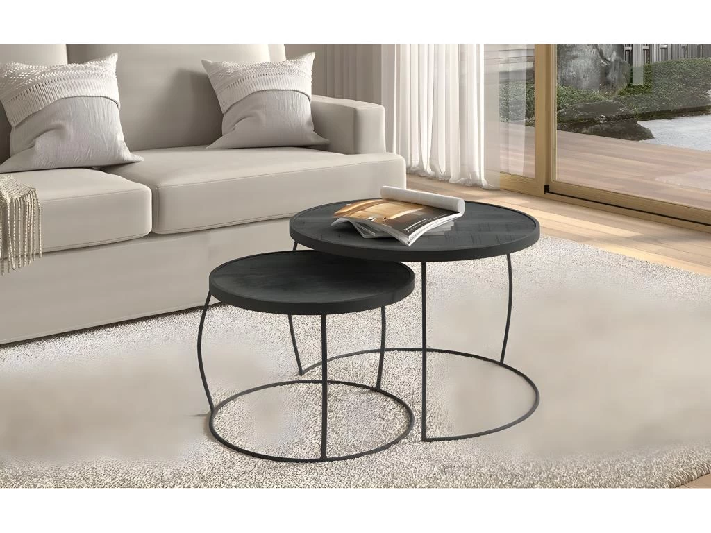 Table Basse Gigogne Ronde En Bois Massif Exotique. Finition Noir. Collection LARSON. â Image 2