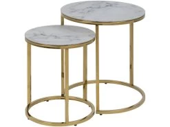 Alisma Table Basse, 2 Tablettes De Rangement, Cadre Doré, Impression Marbre Blanc.