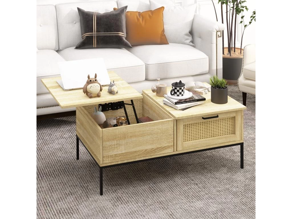 Table Basse Relevable Style Bohème Chic - 2 Tiroirs, Compartiment - Aspect Cannage Rotin PVC Panneaux Aspect Bois Clair