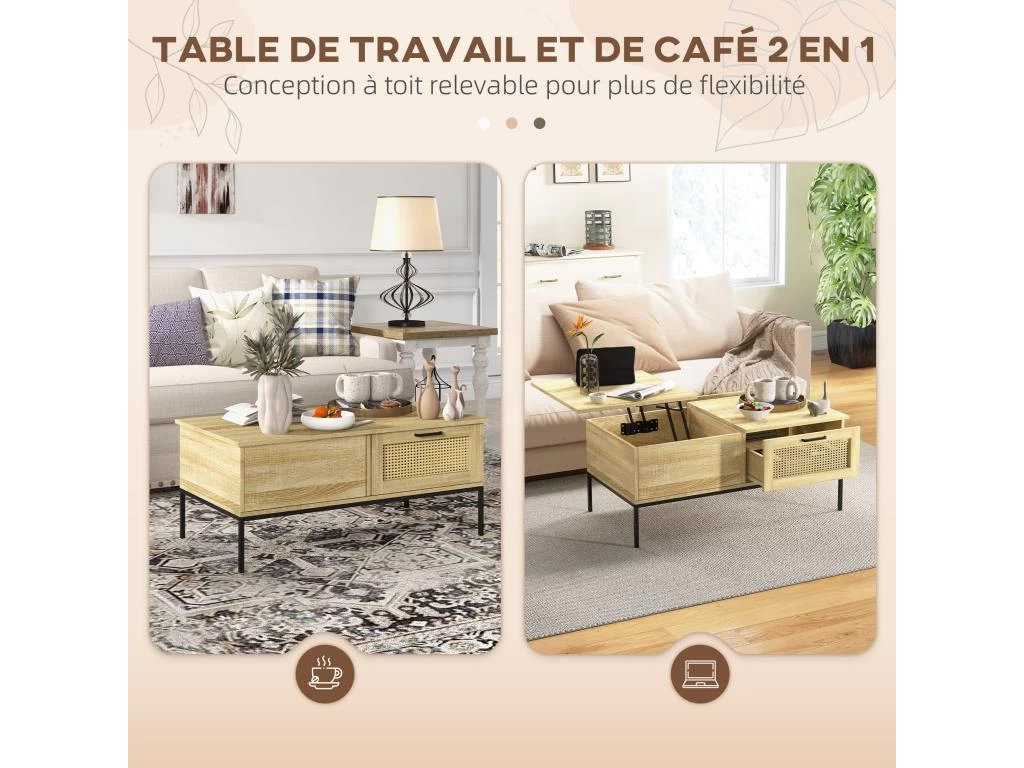Table Basse Relevable Style Bohème Chic - 2 Tiroirs, Compartiment - Aspect Cannage Rotin PVC Panneaux Aspect Bois Clair – Image 4