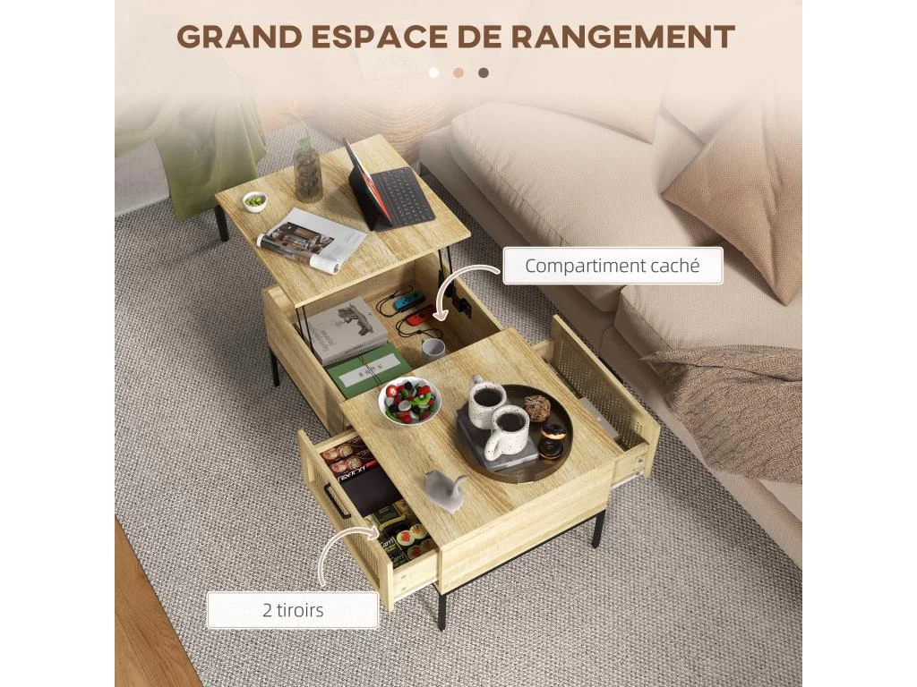 Table Basse Relevable Style Bohème Chic - 2 Tiroirs, Compartiment - Aspect Cannage Rotin PVC Panneaux Aspect Bois Clair – Image 5