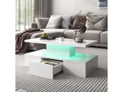 Table Basse Avec Tiroir Et LED - Finition Brillante - Blanc