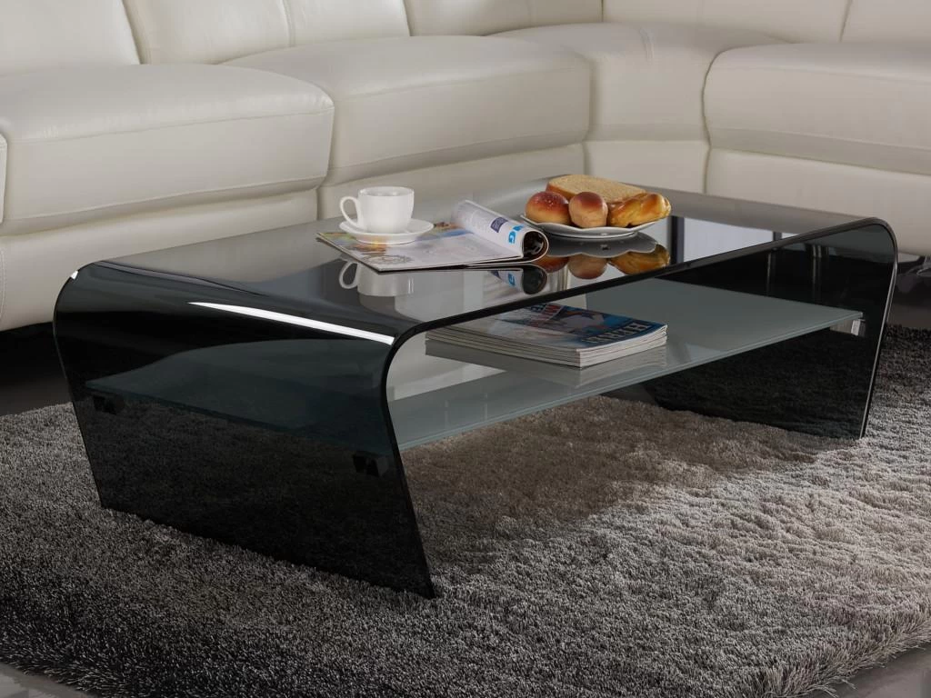 Table Basse - Verre Trempé Noir - Tablette Blanche Laquée - KELLY