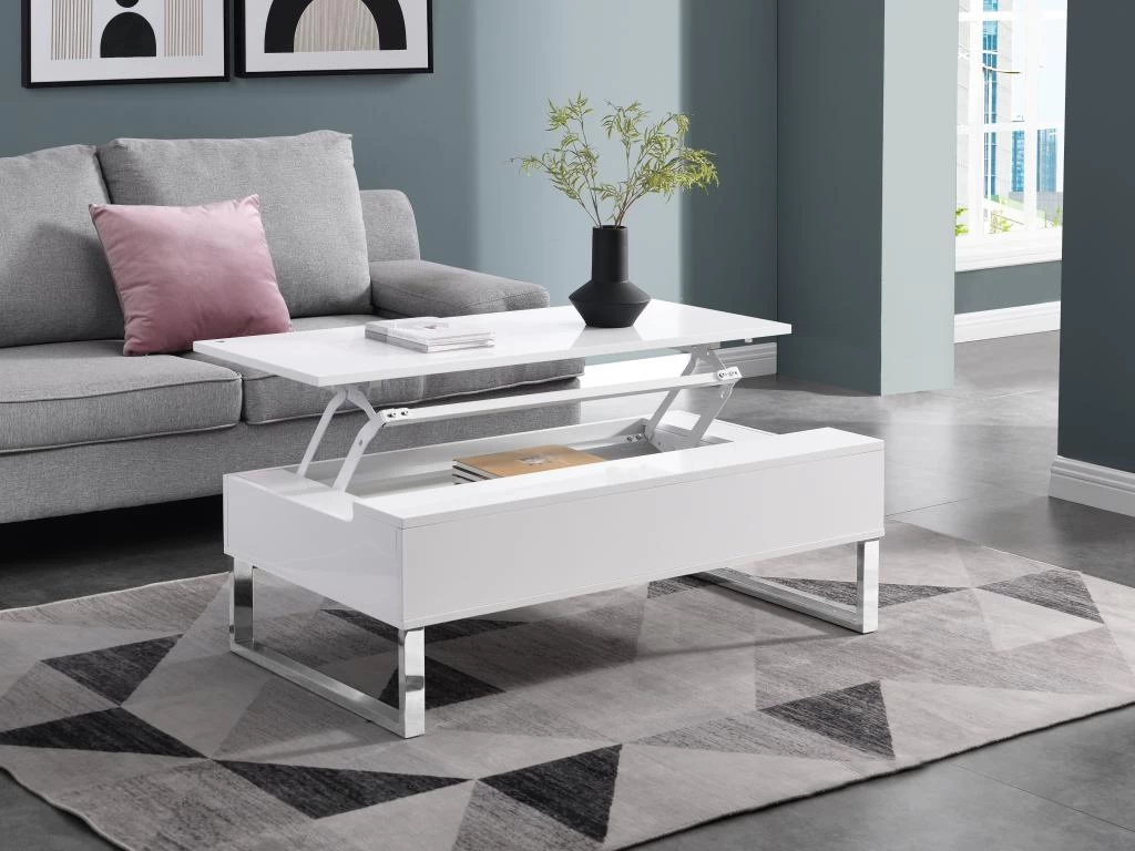 Table Basse Avec Plateau Relevable - MDF Et Métal Chromé - Blanc Laqué - SECALI