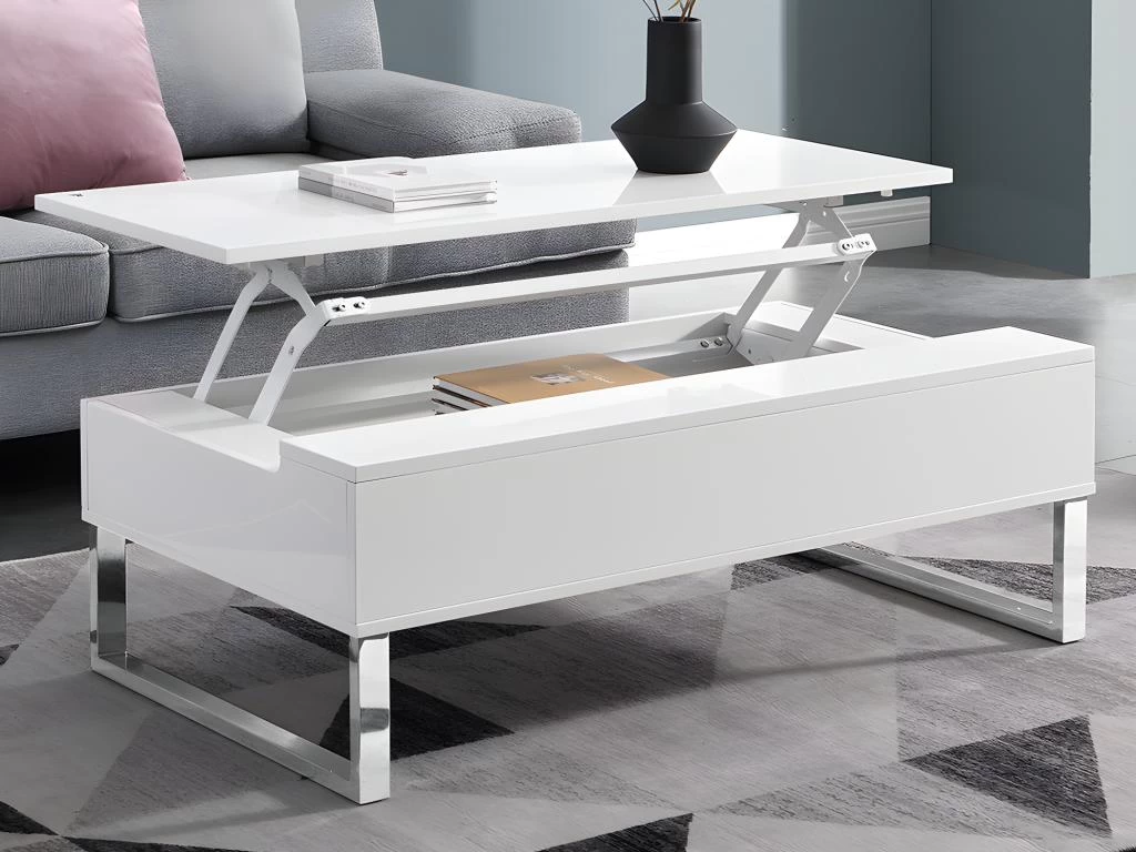 Table Basse Avec Plateau Relevable - MDF Et Métal Chromé - Blanc Laqué - SECALI – Image 2