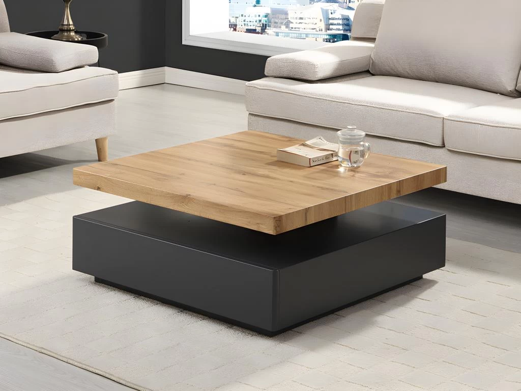 Table Basse KYRIA - 1 Tiroir & Plateau Pivotant - MDF - Coloris : Anthracite Et ChĂȘne