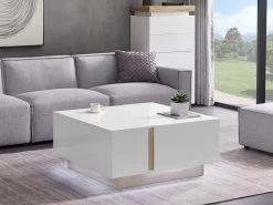 Table Basse 2 Portes Et 2 Tiroirs Avec LEDs - MDF - Naturel Et Blanc Laqué - QUINCY