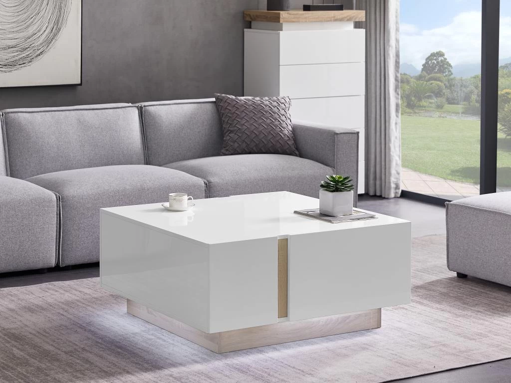 Table Basse 2 Portes Et 2 Tiroirs Avec LEDs - MDF - Naturel Et Blanc Laqué - QUINCY