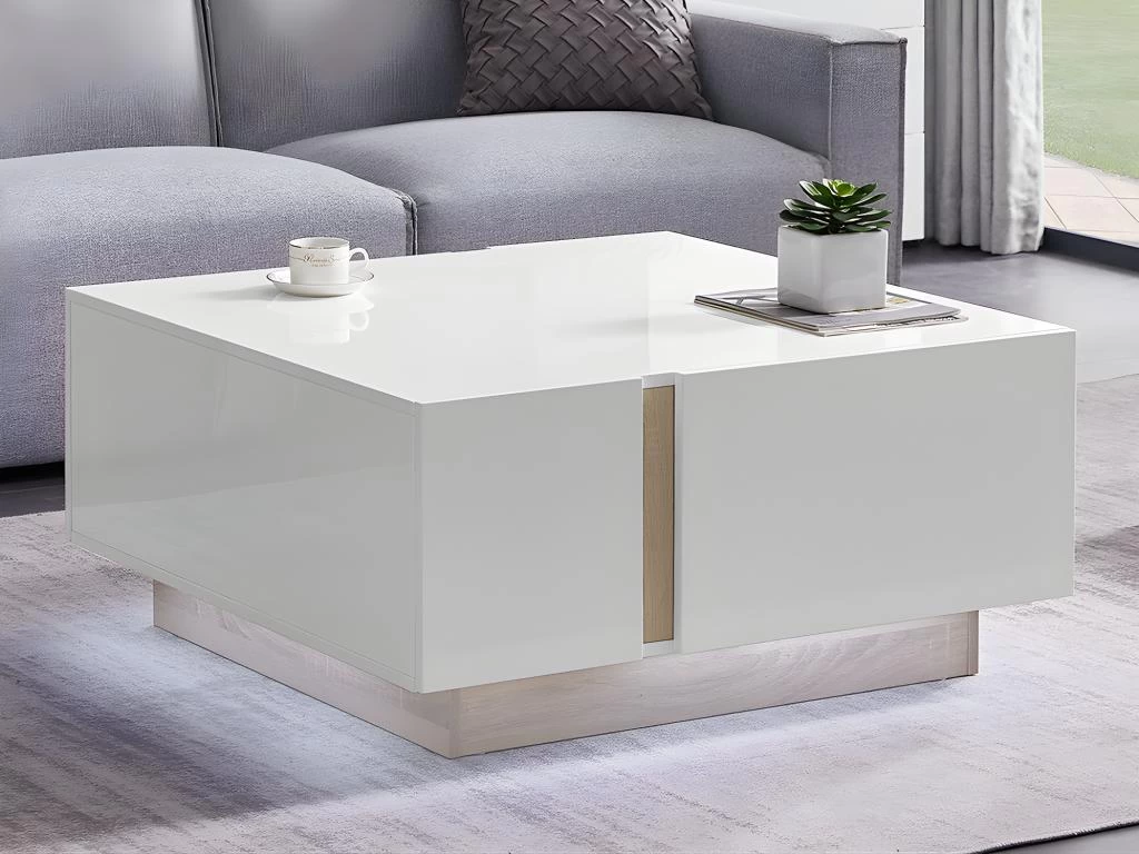 Table Basse 2 Portes Et 2 Tiroirs Avec LEDs - MDF - Naturel Et Blanc Laqué - QUINCY – Image 2