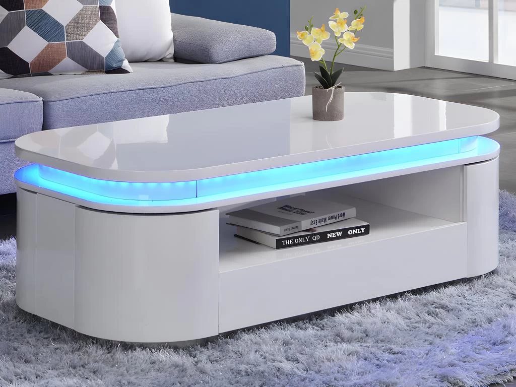 Table Basse 4 Portes Et 1 Tiroir Avec LEDs - MDF - Blanc Laqué - VANDANA – Image 2