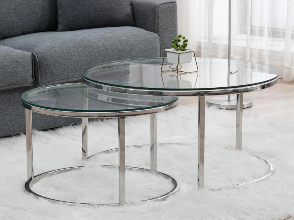 Tables Basses Gigognes En Verre Trempé Et Acier Inoxydable - Coloris : Argent - MAEVANE De Pascal MORABITO – Image 2